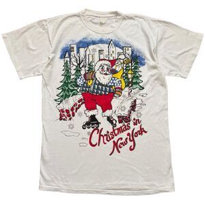Vintage 80s Christmas in New York Santa Roller Skating Graphic T-Shirt Sz XL